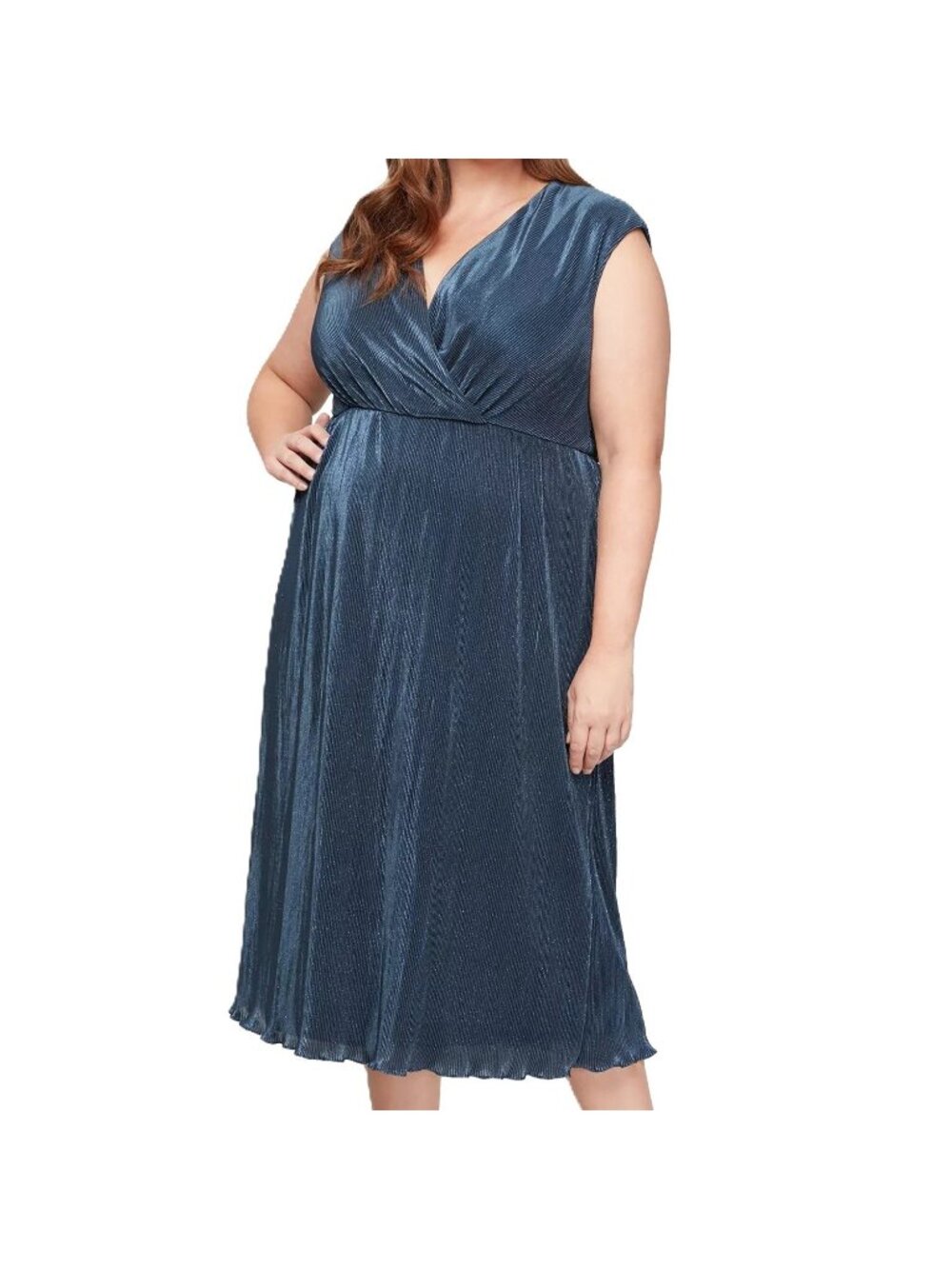 SLNY Fashions Plus Size Metallic Pleated Sleeveless A-Line Dress Navy Size 18W